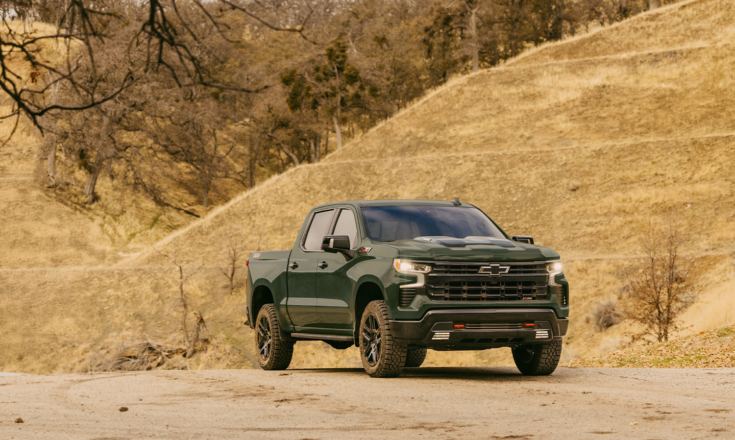 2025 Chevrolet Silverado 1500 LT parked on a dry hillside road in warm spring conditions